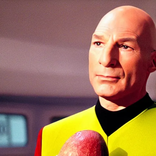 Image similar to jean - luc picard in star trek wearing an avocado for a hat and a face