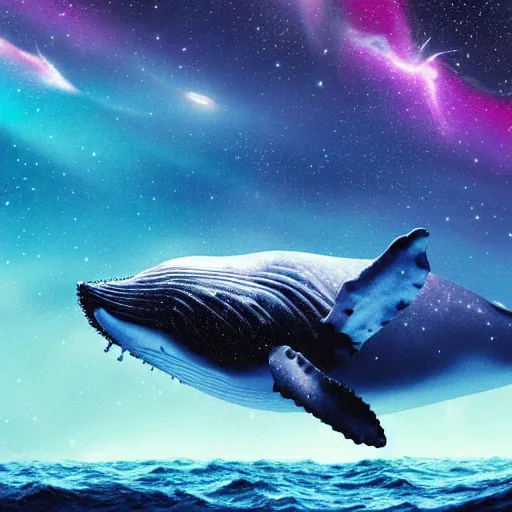 Image similar to portrait of whale swimming on a night sky, swimming across the universe, nebulae, oniric, dreamy, beautiful, highly detailed, cinematic, trending on artstation