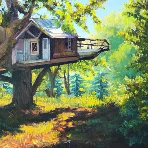 Image similar to treehouse in the countryside on a sunny day, peaceful, dreamy, brush strokes, oil painting