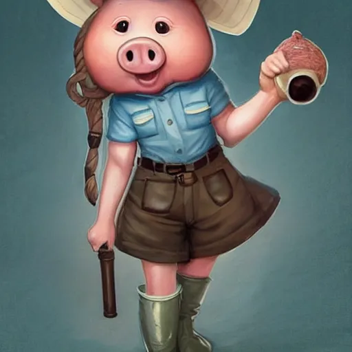 Image similar to cute little anthropomorphic funny female pig wearing shorts, a sunhat, boots and a pale blue shirt!! tiny!! fully clothed!!! small, short, cute and adorable, character art portrait, matte fantasy painting, deviantart artstation, by jason felix by steve argyle by tyler jacobson by peter mohrbacher, cinema