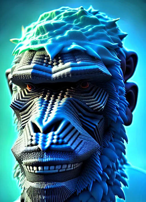 Image similar to 3 d ape shaman profile portrait, sigma 5 0 0 mm f / 5. beautiful intricate highly detailed. bioluminescent, plasma, lava, ice, water, wind, creature, thunderstorm! artwork by tooth wu and wlop and beeple and greg rutkowski, 8 k trending on artstation,