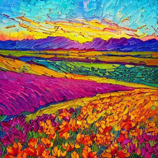 Image similar to a painting of a sunset over a field of flowers, an oil painting by erin hanson, deviantart, american impressionism, rich color palette, impressionism, fauvism