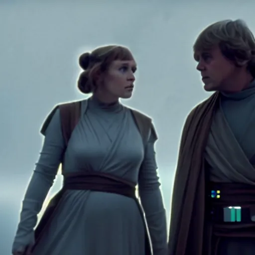 Image similar to Luke Skywalker teaches Leia in outfit at Jedi Temple scene from the last jedi, 2022, film by Stanley Kubrick, serene, iconic scene, stunning cinematography, hyper detailed, sharp, anamorphic lenses, kodak color film