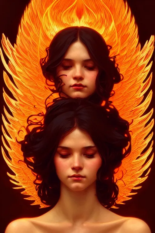 Image similar to a beautiful fire angel, fantasy, portrait, sharp focus, intricate, elegant, digital painting, artstation, matte, highly detailed, concept art, illustration, ambient lighting, art by ilya kuvshinov, artgerm, Alphonse mucha, and Greg Rutkowski