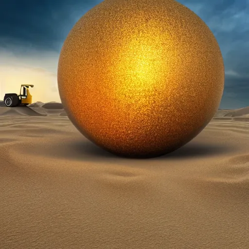 Image similar to in the center of a large sand quarry in the sand lies a large golden ball, a broken excavator is standing nearby, an anomalous air funnel is nearby, book illustration stylization, high quality, depth of sharpness, focus on the object