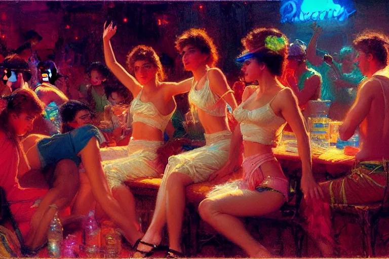 Image similar to 8 0's spring break party, neon light, painting by gaston bussiere, craig mullins, j. c. leyendecker