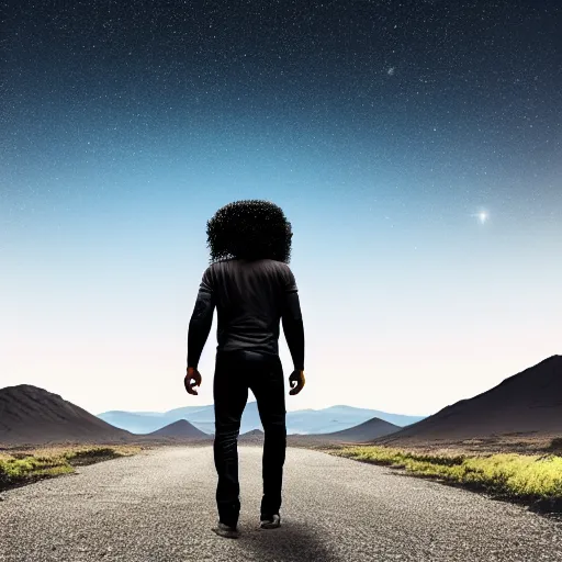 Prompt: a black man with long curly hair, with his back turned, walking into a deep dark florest, Andromeda Galaxy far on the background, very realistic digital art, wide panoramic shot, 8k, 4k, realistic, detailed, artstationHD, artstationHQ