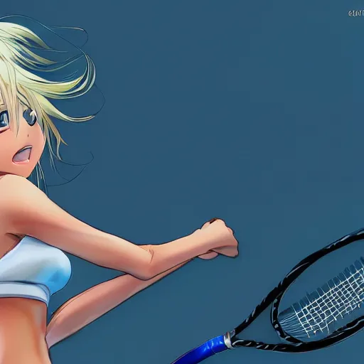 Image similar to a very beautiful young anime tennis girl, full body, long wavy blond hair, sky blue eyes, full round face,, bikini, miniskirt, front view, mid - shot, highly detailed, cinematic wallpaper by stanley artgerm lau
