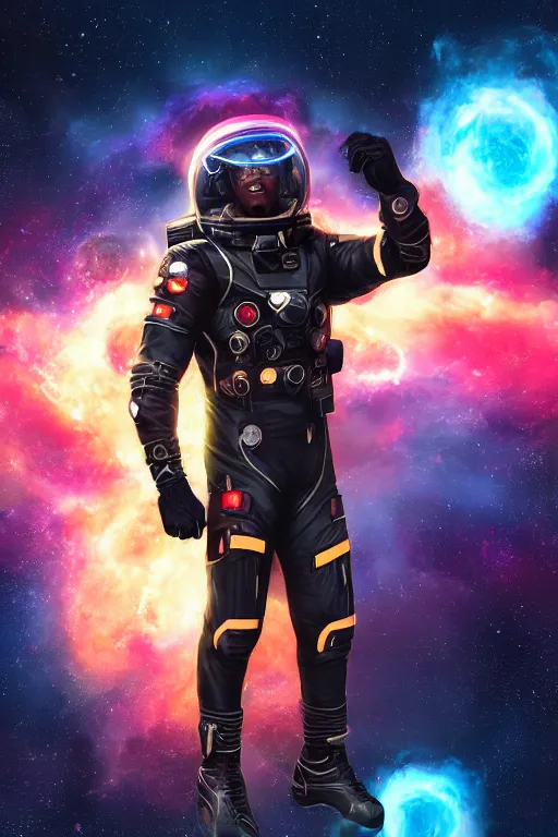 Prompt: cinematic action shot handsome black man in an advanced spacesuit in front of exploding nebulae halos, digital illustration trending on artstation by artgerm and rutkowski