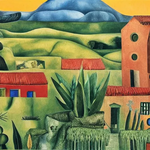 Prompt: a building in a landscape by Frida Kahlo