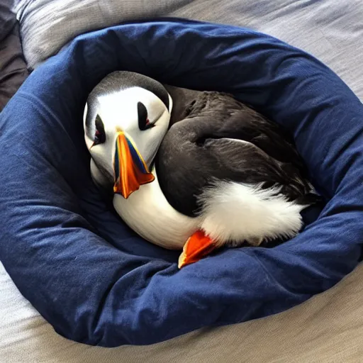 Prompt: puffin sleeping in an oversized bed