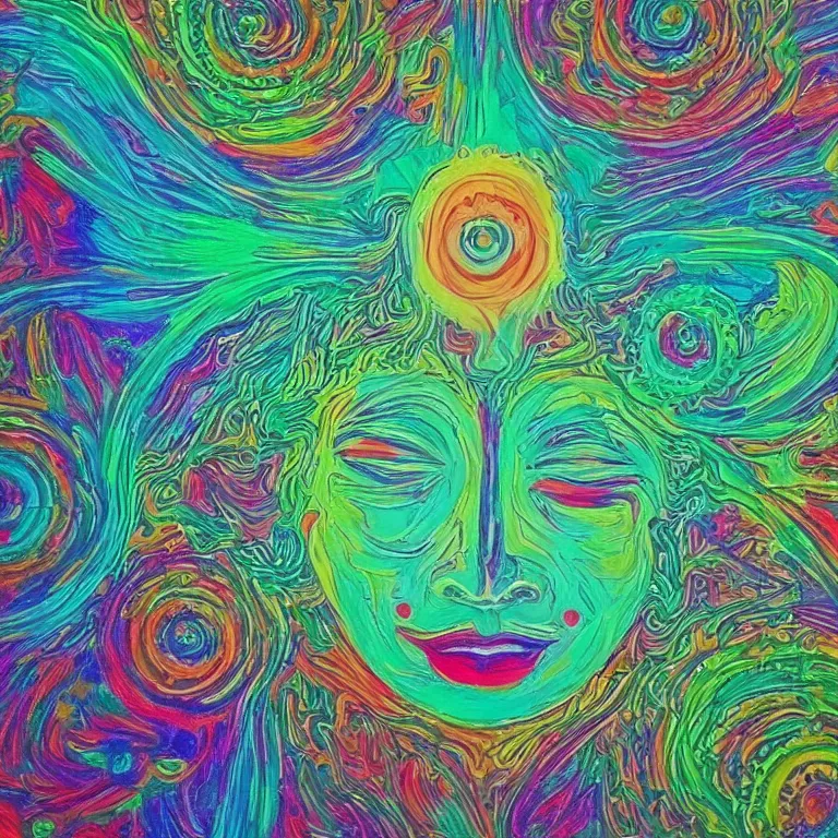 Prompt: human smiling meditating supreme peace immense knowledge infinite color dmt art cyan green pair of eyes staring striking