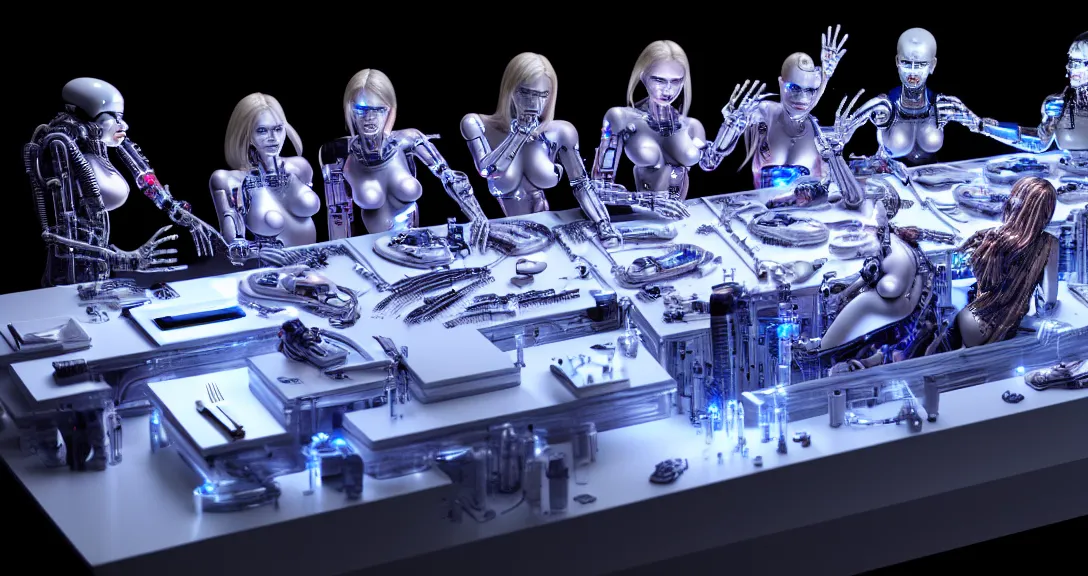 Image similar to beauty, 13 diverse cyborgs on one_side of a reflective !cybernetic table, posing_as_last_supper, inticrate detailed glowing implants, highly detailed, dramatic lighting, electrical details, high details, beautiful lighting