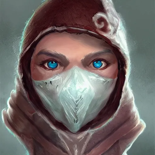 Prompt: a fantasy snow bandit from ‘ icewind dale ’ with a mask on, frost gem, ‘ icewind dale 2 ’ profile portrait by ‘ justin sweet ’, falling snow, soft focus, illustrated, oil paint, artstation