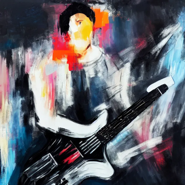 Image similar to large diagonal brush strokes, abstract dark painting of a young korean male musician wearing black tank top holding a telecaster!!! electric guitar!! in a dark room, thick flowing dramatic brush strokes, matte colors, abstract, impressionist, motion, trending on artstation