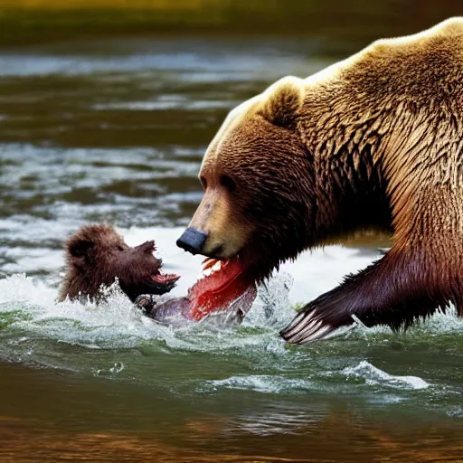 Image similar to a fish eating a grizzly bear in a river, ultra realistic, 4K, high definition, award winning, national geographic