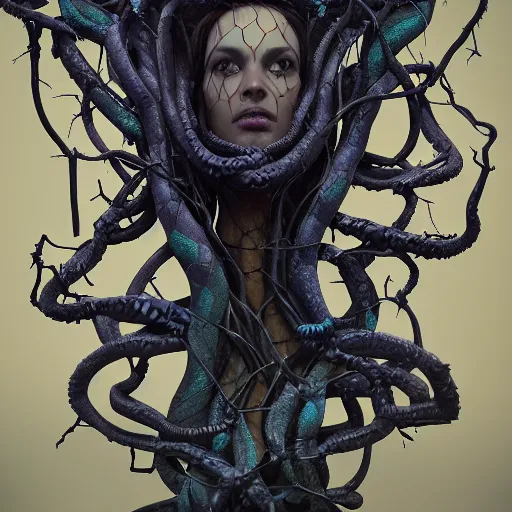 Prompt: dark queen of snakes, crown of snakes, blue skin, realism, dark fantasy, surrounded by thorned vines, octane render, artstation