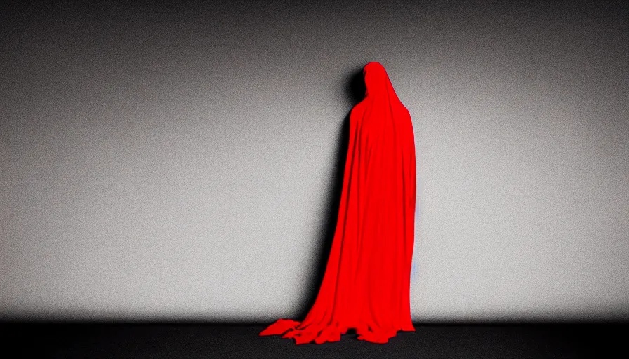 Image similar to fashion photograph of invisible figure wrapped in red sheet in darkness, high contrast, hard light, digital art, rendering, cloth simulation, redshift