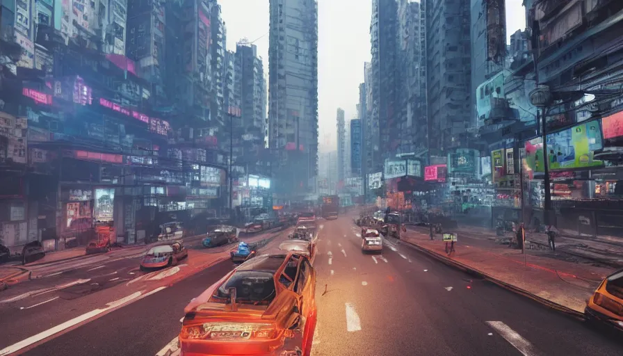 Prompt: Hong Kong in 2077, cyberpunk, steam covering the road,