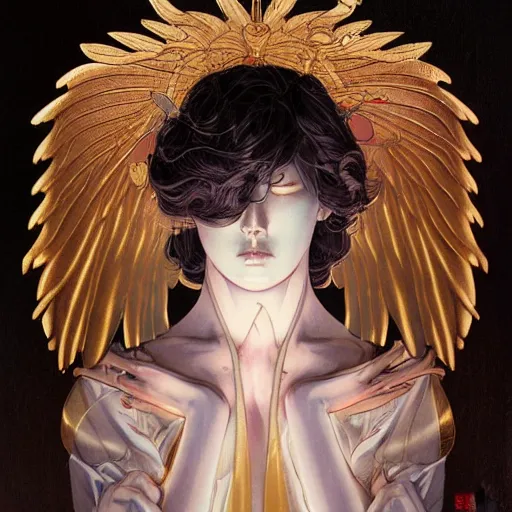 Image similar to prompt : angel women with golden wings soft light painted by james jean and katsuhiro otomo and erik jones, inspired by akira anime, smooth face feature, intricate oil painting, high detail illustration, sharp high detail, manga and anime 1 9 9 9