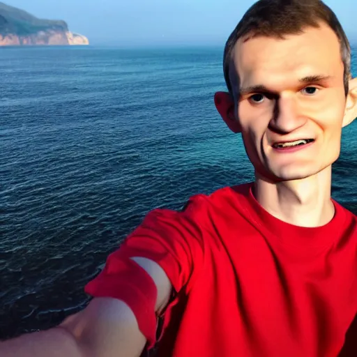 Image similar to vitalik buterin on a red beach taking a selfie