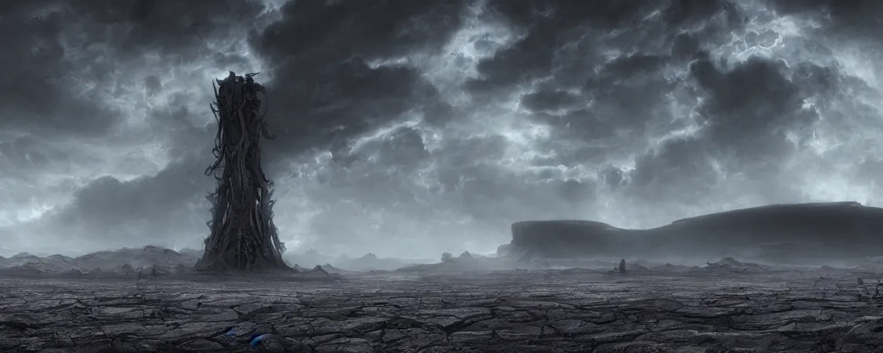 Image similar to a large ominous and geometric like large alien structure built on a barren dry land with an epic cloud formation on the background by HR GIger, Dariusz Zawadzki, Neil blevins, Feng Zhu, gustave doré, zhuoxin ye, very detailed, octane render, 8k, oranate and brooding, scary and dark, canon 24mm lens