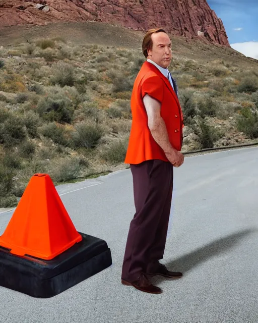 Prompt: film still saul goodman depressed, mountain backround with a traffic cone nearby.