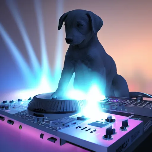 Image similar to puppy as a DJ, statue, 4k, volumetric lighting, hyper realistic