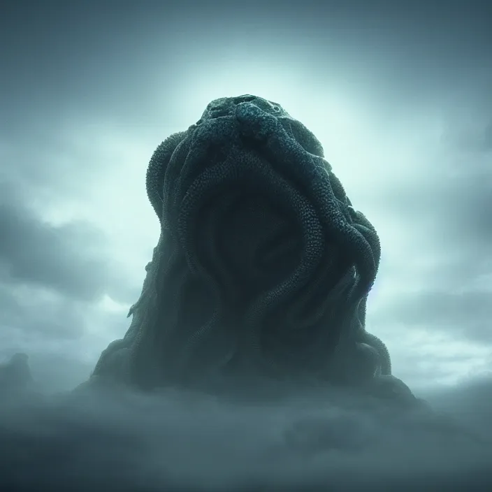 Image similar to a lovecraftian monster emerges out of the clouds, volumetric lighting, fog, atmospheric, high resolution, rendering, octane, redshift