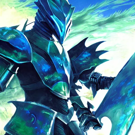 Image similar to dragon fire vs blue armor knight shield, close up, anime, green car hatchback, desert landscape, greg manchess, akehiko inoue and ross tran, Pyromallis Nekro Rene Margitte