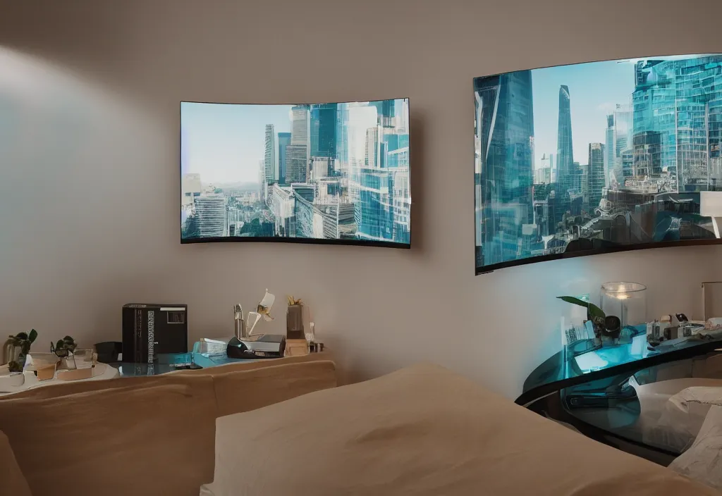 Prompt: curved transparent tv, volumetric lighting, bedroom, visor, users, pair of keycards on table, bokeh, creterion collection, shot on 7 0 mm, instax