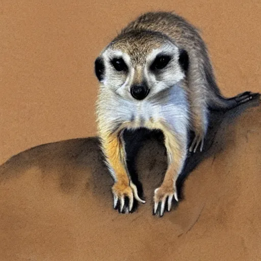 Prompt: an aquarelle of a meerkat on a white background