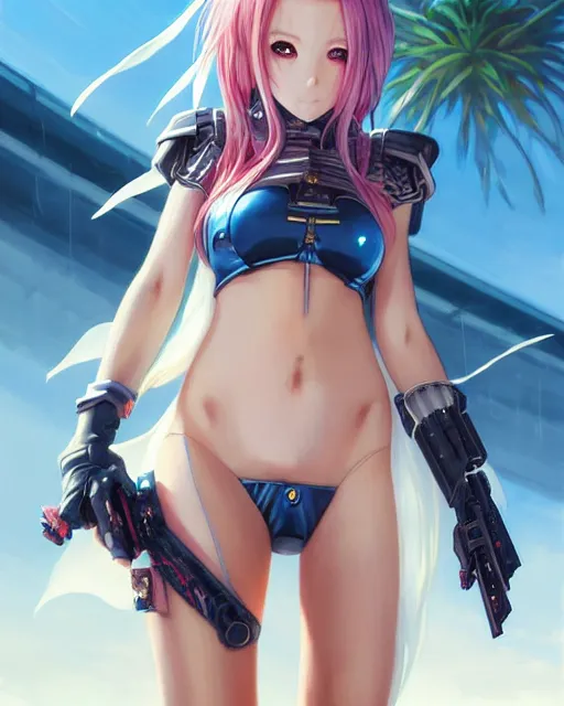 Image similar to portrait Anime Girl in bikini armor cute-fine-face, pretty face, realistic shaded Perfect face, fine details. Anime. Warhammer, futuristic, cyberpunk realistic shaded lighting by katsuhiro otomo ghost-in-the-shell, magali villeneuve, artgerm, rutkowski Jeremy Lipkin and Giuseppe Dangelico Pino and Michael Garmash and Rob Rey