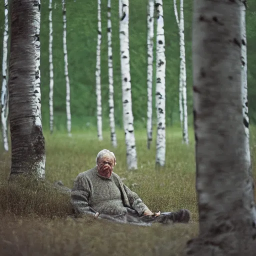 Prompt: photograph of an old man in a birch grove, medium format, shallow depth of field, tarkovsky