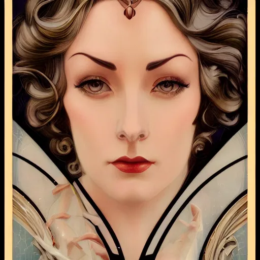 Image similar to a streamline moderne, ( art nouveau ), portrait in the style of charlie bowater, and in the style of donato giancola, and in the style of charles dulac. intelligent, beautiful eyes. symmetry, ultrasharp focus, dramatic lighting, semirealism, intricate symmetrical ultrafine background detail.