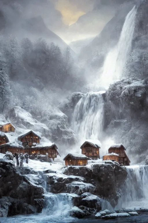 Prompt: mountain village with wooden viking houses on top of a waterfall in the snow, blizzard, a small stream runs beneath the waterfall, iceicles, landscape, raphael lacoste, eddie mendoza, alex ross, concept art, matte painting, highly detailed, rule of thirds, dynamic lighting, cinematic, detailed, denoised, centerd