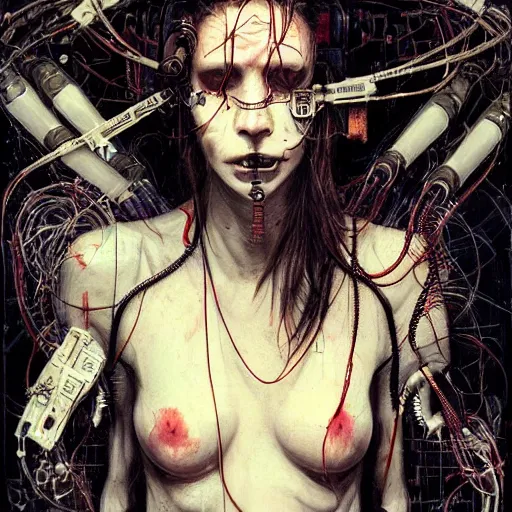 Image similar to in a dark room, a male cyberpunk hacker, skulls, wires cybernetic implants, machine noir steelpunk grimcore, in the style of adrian ghenie esao andrews jenny saville surrealism dark art by james jean takato yamamoto and by ashley wood