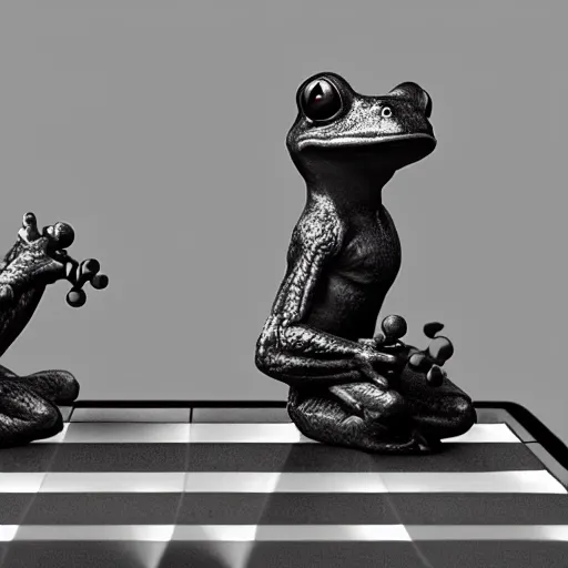 Image similar to hyperrealistic film still of two frogs playing chess stunning 3 d render, inspired by istvan sandorfi & greg rutkowski & unreal engine, perfect facial symmetry, dim volumetric cinematic lighting, 8 k octane comprehensive render, extremely hyper - detailed, incredibly lifelike attributes, intricate, real flesh texture, masterpiece, artstation, stunning,