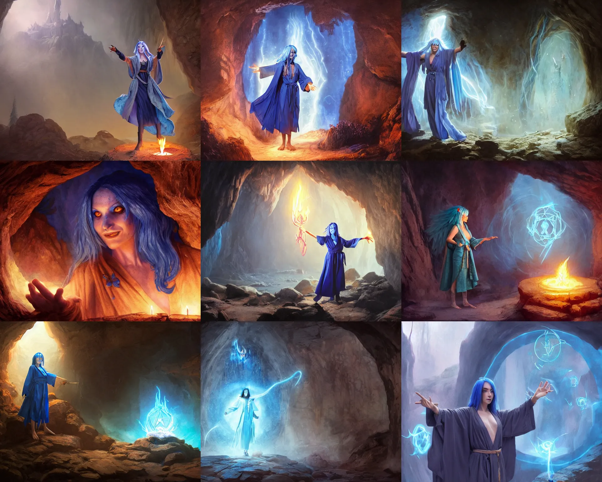 Prompt: blue haired female with cult robes casting a magic spell with floating symbols in a cave, dnd, rpg, cosplay, masterpiece, fantasy artwork, high fantasy, background by weta digital, portrait by greg rutkowski
