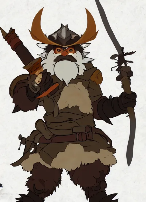 Image similar to bugbear ranger, black beard, dungeons and dragons, hunters gear, flames, character design on white background, by studio ghibli, makoto shinkai