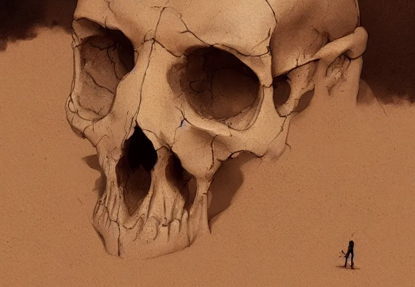 Image similar to close shot of a human skull buried in the sahara desert sand, a realistic digital painting by greg rutkowski and james gurney, trending on artstation, highly detailed