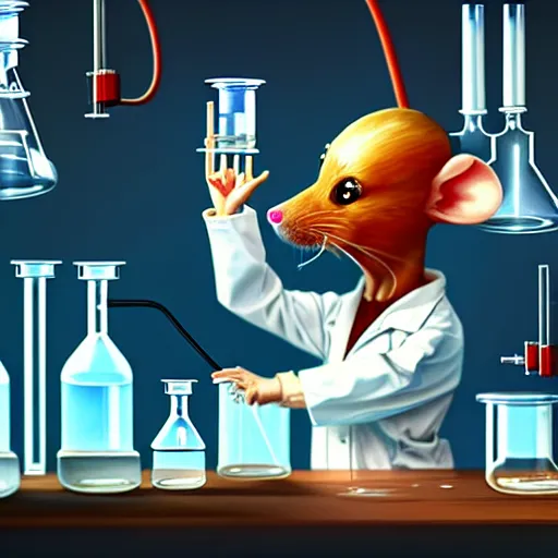 Prompt: mouse in a lab coat performing a chemistry experiment, in a cluttered lab, lots of beakers, illustration, cyberpunk, sci - fi fantasy, intricate, elegant, highly detailed, digital painting, artstation, concept art