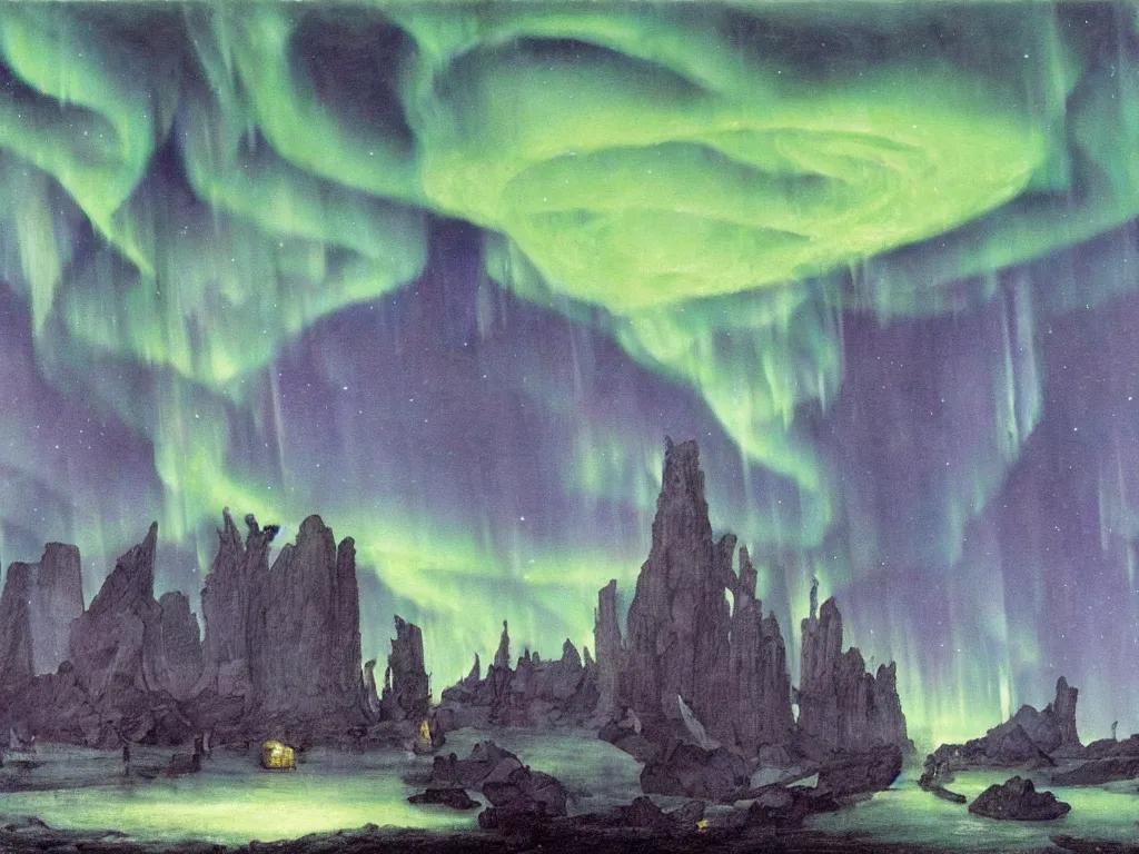 Image similar to Overflowing of the iceberg fungal city. Aurora Borealis. Painting by Walton Ford, Lucas Cranach, Caspar David Friedrich.