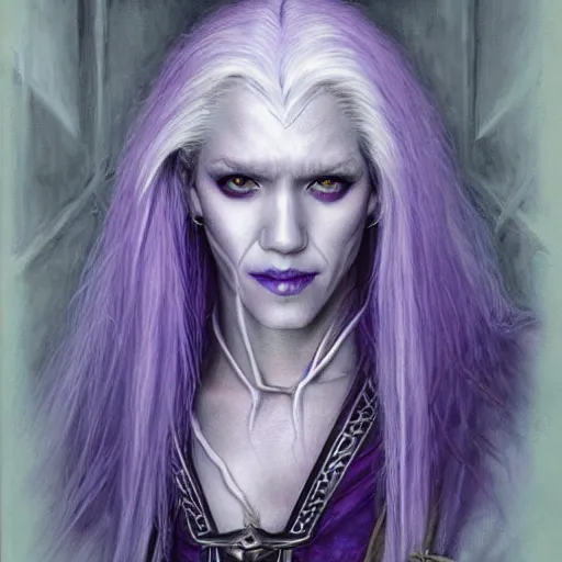 Image similar to head and shoulders portrait of a purple - skinned, white - haired drow wizard portrayed by young jessica alba, d & d, fantasy, luis royo, magali villeneuve, donato giancola, wlop, krenz cushart