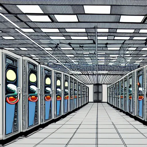 Image similar to Interior of a retrofuturistic data center, very detailed, cartoon style