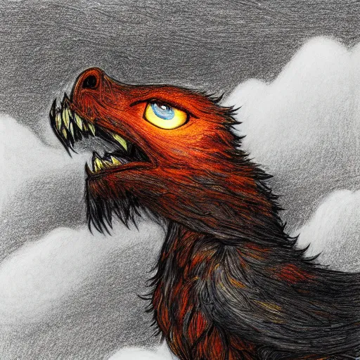 Prompt: A wide shot of griffin in the sky, colorful eyes, glowing eyes, fire, frost, angry, demonic, detailed pencil drawing, fine lines, rustic,