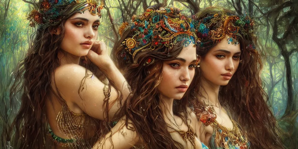 Image similar to a portrait of a group of female gypsies bathing in a forest lake by karol bak and jia ruan, beautiful detailed eyes, photorealistic, fantasy, intricate, elegant, highly detailed, digital painting, 4 k, hdr, concept art, detailed jewelry, smooth, sharp focus, illustration, art by artgerm