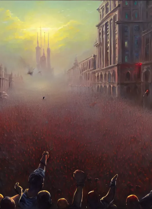 Image similar to painting of a crowd with raised arms pointing towardб demonstration, cinematic view, epic sky, detailed, concept art, low angle, high detail, warm lighting, volumetric, godrays, vivid, beautiful, trending on artstation, by jordan grimmer, huge scene, art greg rutkowski