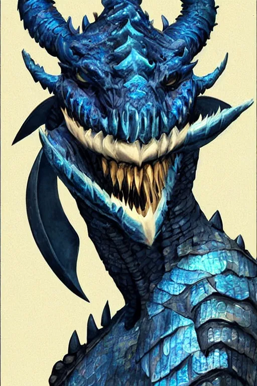 Image similar to a dark blue dragonborn with large tusks, half of his face flaming with blue flame, he wears a black dragon scales armor, art