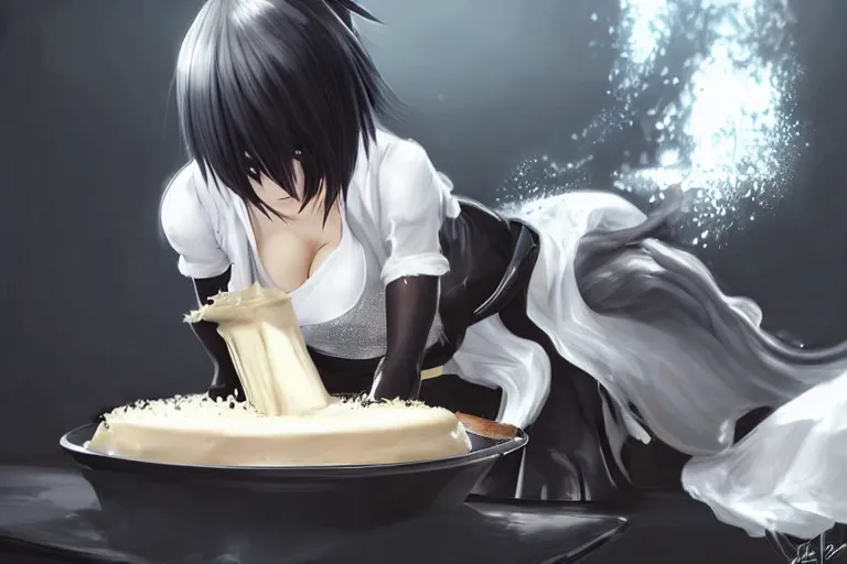 Prompt: Concept art of a Yorha 2B baking a cake. Voluptuous. Beautiful.